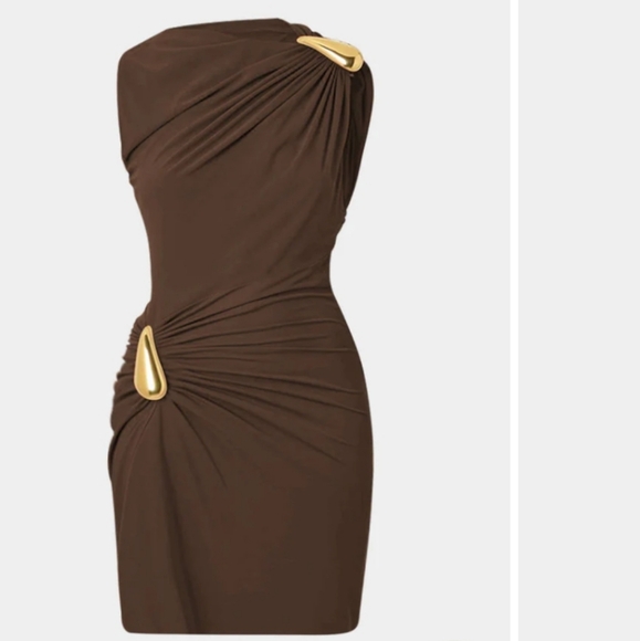 Micas Dresses & Skirts - Chic One-Shoulder Brown Dress with Gold Details